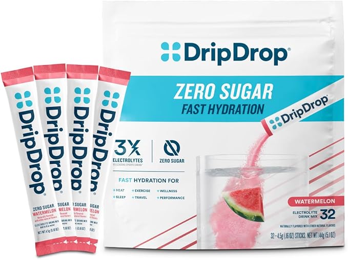 DripDrop Sugar Free Hydration Packets - Zero Watermelon - Single Serve Electrolytes Powder Drink Mix - Non-GMO, Gluten Free, Vegan - 32 Sticks