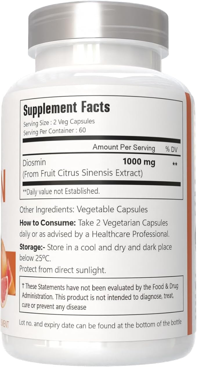 Diosmin Capsules, 120 Count, 1000 mg Serving, Vegan, Citrus Bioflavonoids 100% Vegetarian, Non-GMO & Gluten Free Diosmin Supplement with Max Strength