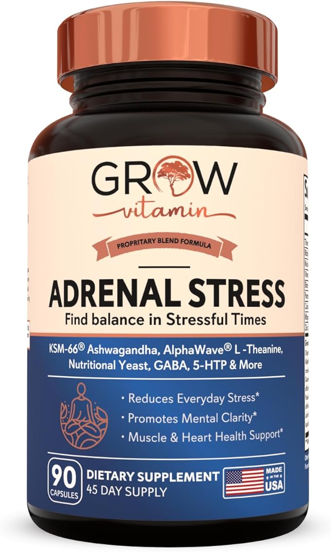 Grow Vitamin Adrenal Stress Advanced Formula, Organic KSM-66 Ashwagandha with AlphaWave L-Theanine, 5-HTP, Magnesium Blend - Everyday Stress Relief, Mood Support, Cognitive, Brain Health, 90 Capsules