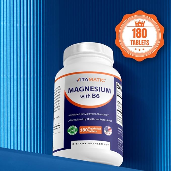 Vitamatic Magnesium with B6-180 Vegetarian Tablets (Uncoated) - Added B6 for Maximum Absorption - Supports Muscle, Joint, and Heart Health