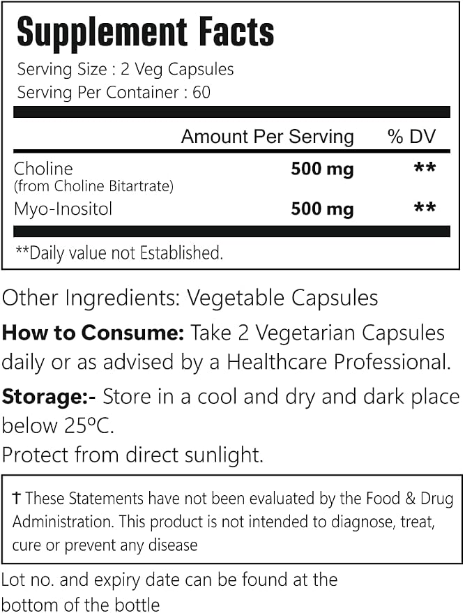 Choline and Myo-Inositol Supplement, 1000 mg Each, 120 Veggie Capsules 100% Vegetarian, Non-GMO & Gluten Free