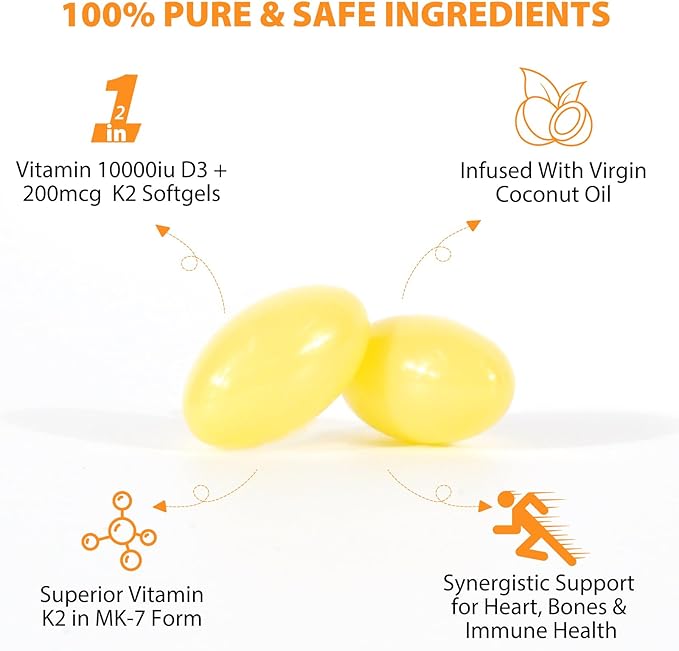 2 Bag Vitamin D3 K2 Supplement Softgel, Vitamin D3 K2 Softgel with 10000 IU Supports Immune, Heart, Teeth & Bone Health, Free of GMO, Gluten, Soy
