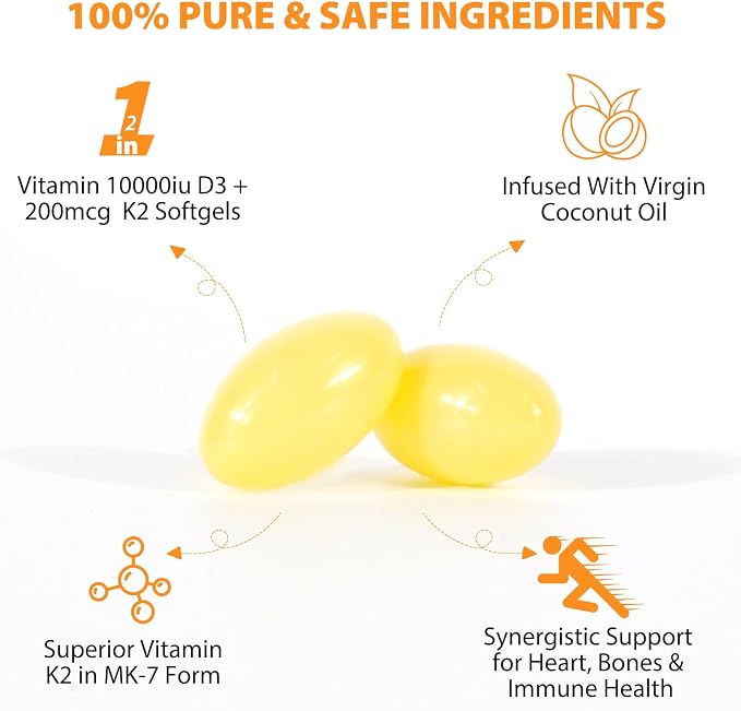 Vitamin D3 K2 Supplement Softgel, Vitamin D3 K2 Softgel with 10000 IU Supports Immune, Heart, Teeth & Bone Health, Free of GMO, Gluten, Soy, 120 Softgels