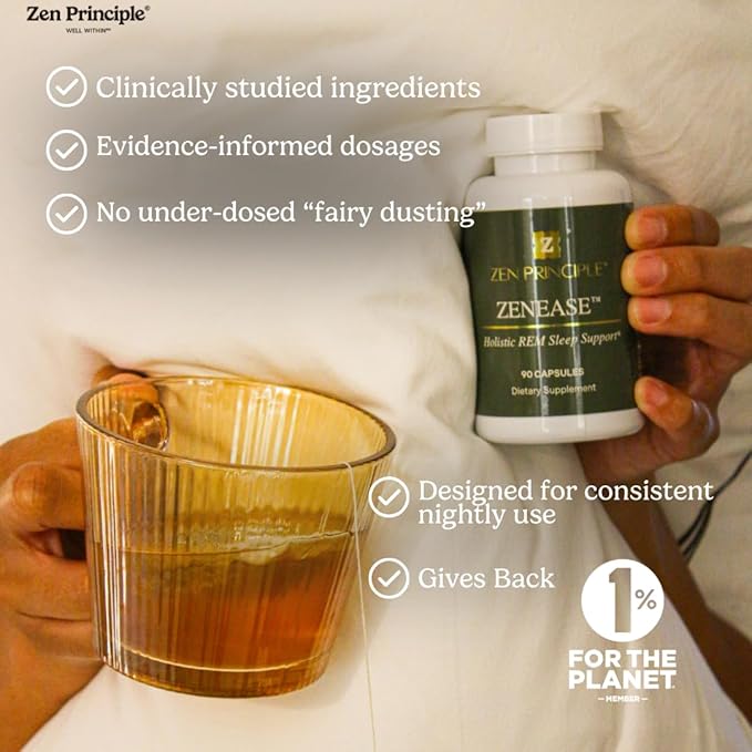 Zen Principle Zenease Sleep Support with Magnesium Glycinate, Ashwagandha KSM-66®, Saffron, L-Theanine & GABA – No Melatonin, Natural Stress Relief & Sleep Aid. 180 Capsules