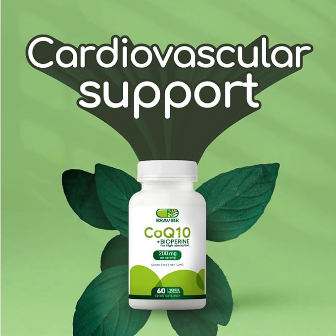 Pure CoQ10 Energy Support High Absorption with Bioperine, 200 mg per Serving, 60 Veggie Capsules, Gluten-Free, Non-GMO