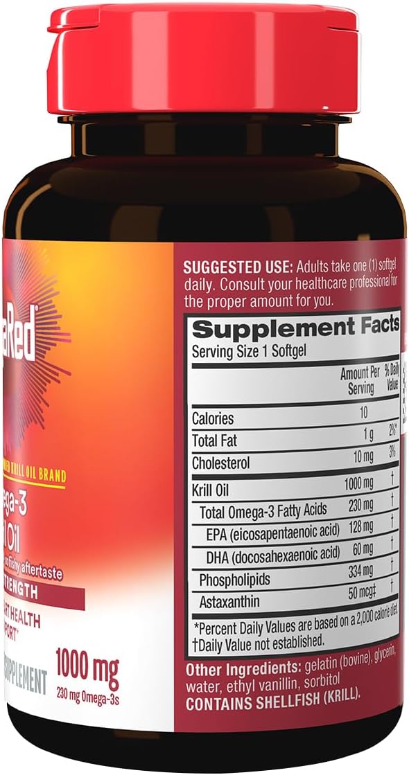 MegaRed Ultra Strength 1000mg Omega-3 Krill Oil Supplement with EPA/DHA, Astaxanthin & Phospholipids, No Fish Oil Aftertaste Supports Heart, Brain, Joint and Eye Health, 60 Count Softgels (3 Pack)