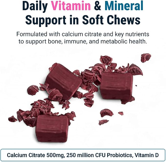 BariatricPal Sugar-Free Calcium Citrate Soft Chews | 500mg with Vitamin D & Probiotics | Wild Grape | 90 Count (1 Month Supply)