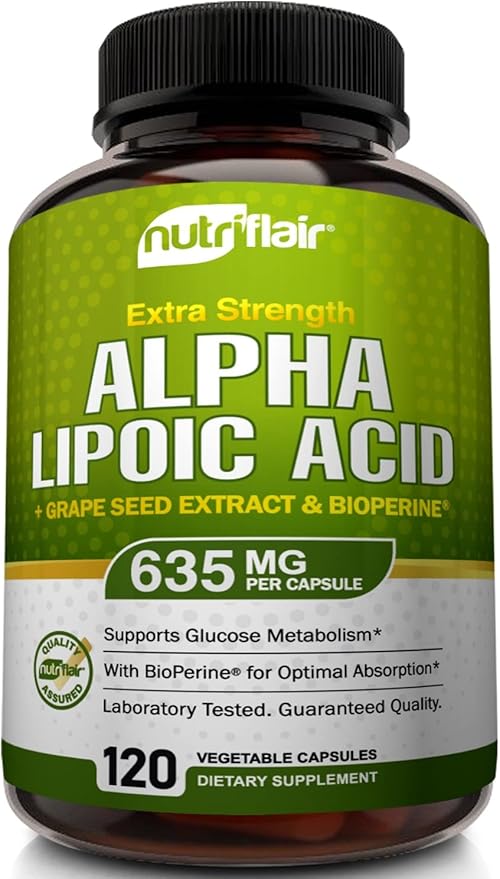 NutriFlair Alpha Lipoic Acid 600mg, 120 Capsules - with Grape Seed Extract and BioPerine Black Pepper - Extra Strength