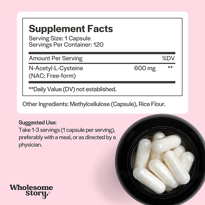 Wholesome Story NAC Supplement N Acetyl Cysteine 600 mg | Liver, Lung & Fertility Support | 120 Capsules | 120 Serving Supply (Pack of 2)