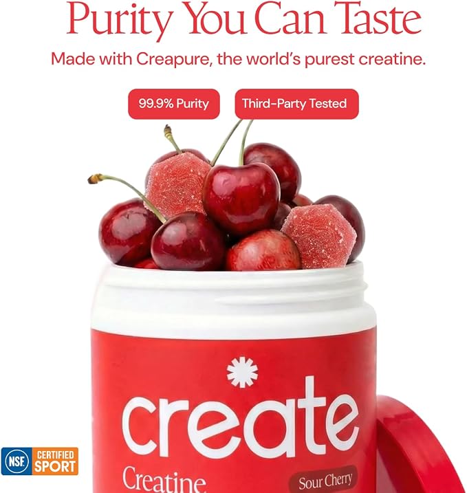 Create Creatine Monohydrate Gummies for Men & Women, Boost Focus, Strength, and Endurance, Anti-Melting Formula, Vegan, Gluten-Free, Non-GMO, 1.5g of Creatine per Gummy (Sour Cherry)