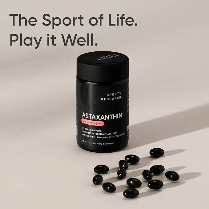 Sports Research® Triple Strength Astaxanthin 12mg w/Organic Coconut Oil - Antioxidant Supplement for Skin & Eye Health Support* - Soy Free · Non-GMO · Gluten Free - 60 Softgels
