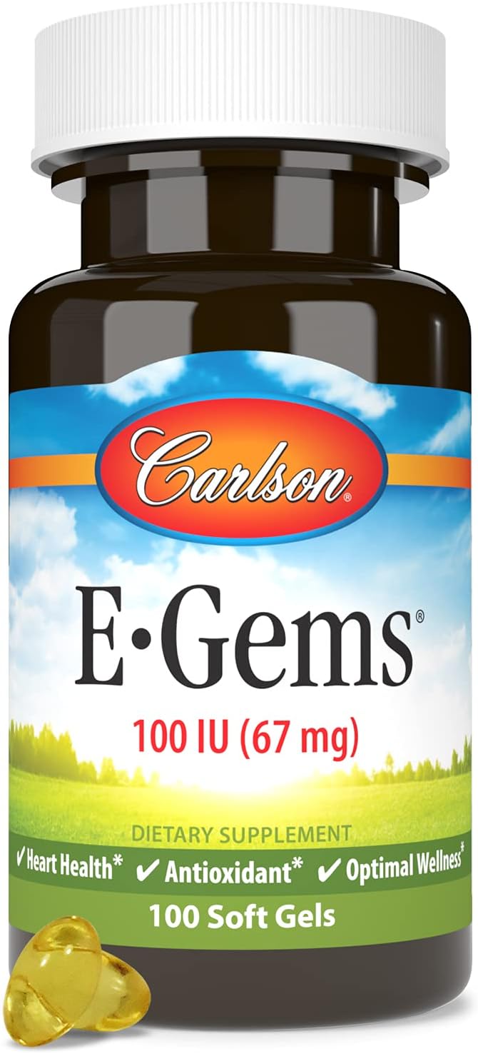 Carlson - E-Gems, 100 IU (67 mg), Natural-Source Vitamin E, Heart Health & Optimal Wellness, Antioxidant, 100 Soft Gels