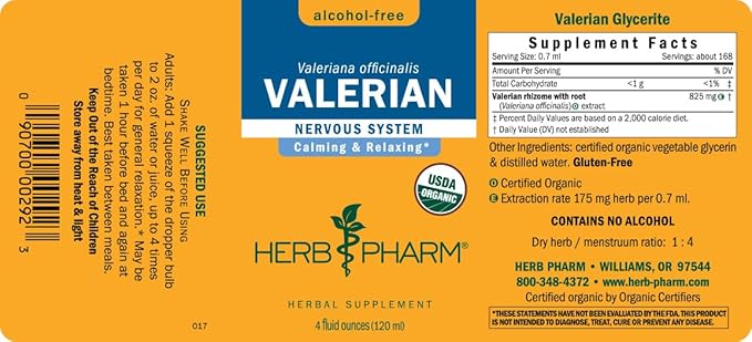Herb Pharm Certified Organic Valerian Root Liquid Extract for Relaxation and Restful Sleep, Alcohol-Free Glycerite, 4 Ounce