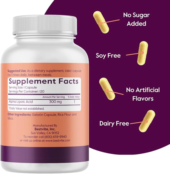 BESTVITE Alpha Lipoic Acid 300mg per Capsule (240 Capsules) (120 x 2) No Stearate - No Flow Agents - Non GMO - Gluten Free