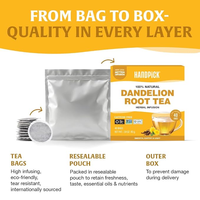 HANDPICK - Dandelion Root Tea bags, 40 Teabags - Natural Dandelion Herbal Tea - Non-GMO - Caffeine-free