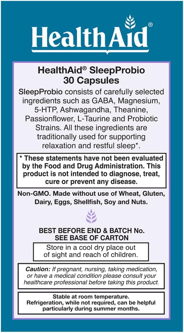 HealthAid SleepProbio, Vegan Sleep Support Supplement, 30 Capsules, Once Daily Probiotics and Herbs to Support Restful Sleep & Relaxation