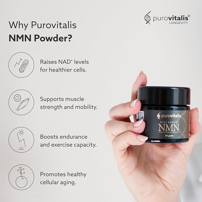 PUROVITALIS NMN Powder, 99% Pure Longevir Nicotinamide Mononucleotide Supplement, NAD+ Boost for Cellular Health, Energy & Healthy Aging, 2-Month Supply (30g)