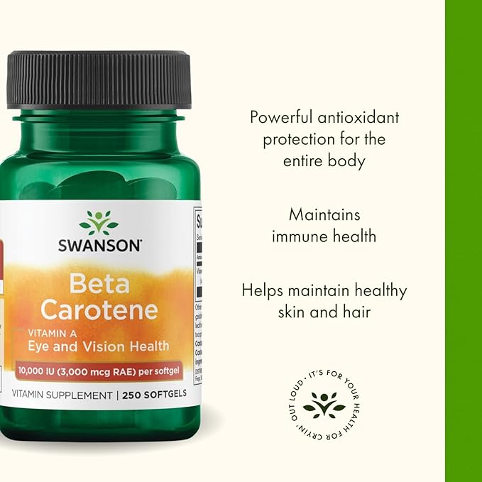 Swanson Beta-Carotene - Vitamin A Supplement Promoting Immune Health, Eye & Skin Health - Natural Wellness Formula - (250 Softgels, 3000mcg Each)