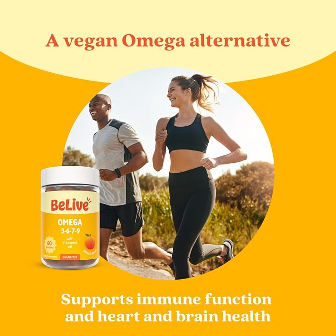 BeLive Organic Omega 3 Gummies - 180 Ct I Vegan Omegas 3 6 7 & 9 from Flaxseed Oil & Sea Buckthorn Fruit Oil, for Kids & Adults, Full Body, Brain & Eye Support, Sugar Free – Peach Flavor