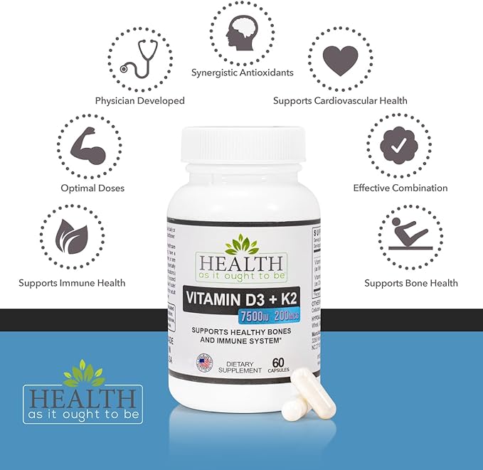 HAIOTB D3+K2: Vitamin D3 7500 IU (188mcg) + K2 200 mcg- 60 Capsules