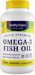 Healthy Origins Triple Strength Omega 3 Fish Oil 1250mg from Wild Alaska Pollock, with DHA, EPA & Omega 3s, Gluten-Free Non-GMO 180 Softgels