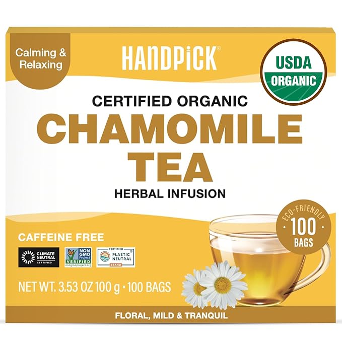 HANDPICK, Organic Chamomile Tea Bags (100 Herbal Tea Bags) Caffeine Free| Premium Floral Chamomile Herbal Tea in Eco-Conscious Teabags | Direct from Source