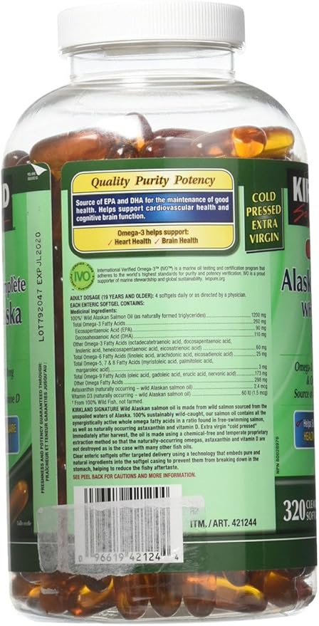 Kirkland Signature 100% Wild Alaskan Salmon Oil 90 EPA 110 DHA 1200mg - 320 Enteric Coated Softgels
