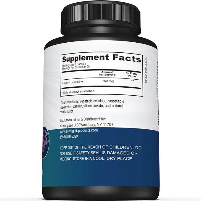 Sunergetic Premium NAC Supplement N-Acetyl Cysteine – 750mg Per Capsule – Supports Liver, Detox Immune, Cellular & Respiratory Health – 90 N Acetyl Cysteine Capsules