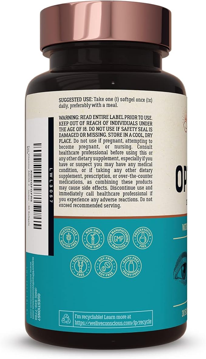Live Conscious Eye Vitamins Select AREDS 2 Ingredients with Vitamin E, Lutein, and Astaxanthin - OptiWell Eye Health Supplement and Blue Light Support - 30 Softgels