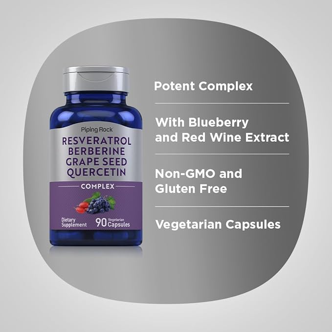 Piping Rock Resveratrol Berberine Grape Seed & Quercetin Complex | 90 Capsules | Vegetarian, Non-GMO, and Gluten Free Supplement