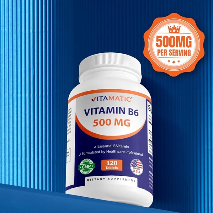 Vitamatic Vitamin B6 (Pyridoxine HCI), 500 mg – 120 Vegetarian Tablets - 2 Pack Promotes Energy Production, Boosts Metabolism & Immune Health Support