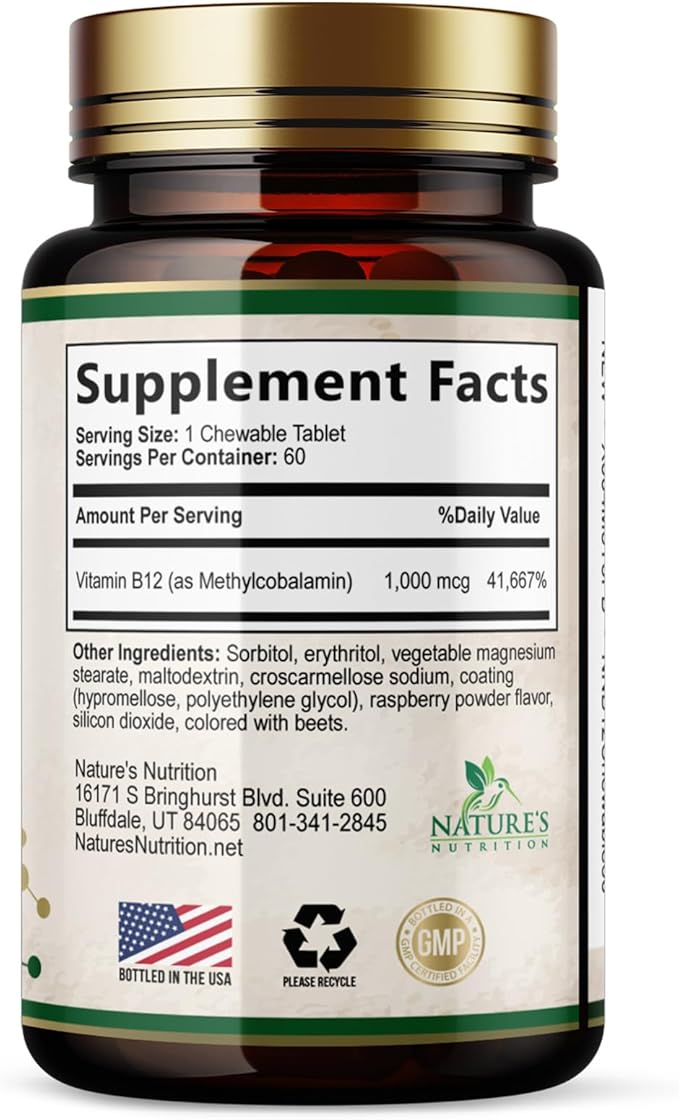 Vitamin B12 - 1000 mcg Per Serving Maximum Strength Methylcobalamin B-12 Chewable Tablet - Energy, Nervous System & Brain Support - Fast Dissolve, Gluten-Free, Non-GMO for Women & Men - 60 Tablets