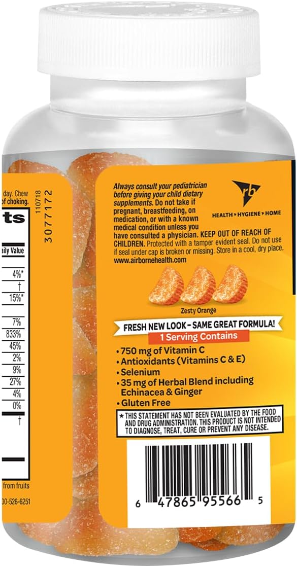 Airborne 750mg Vitamin C Immune Support Supplement Gummies for Adults, Zesty Orange Flavor, Gluten Free Crafted Blend with Powerful Antioxidants Vitamins C & E, 42 Gummies (3 Pack)