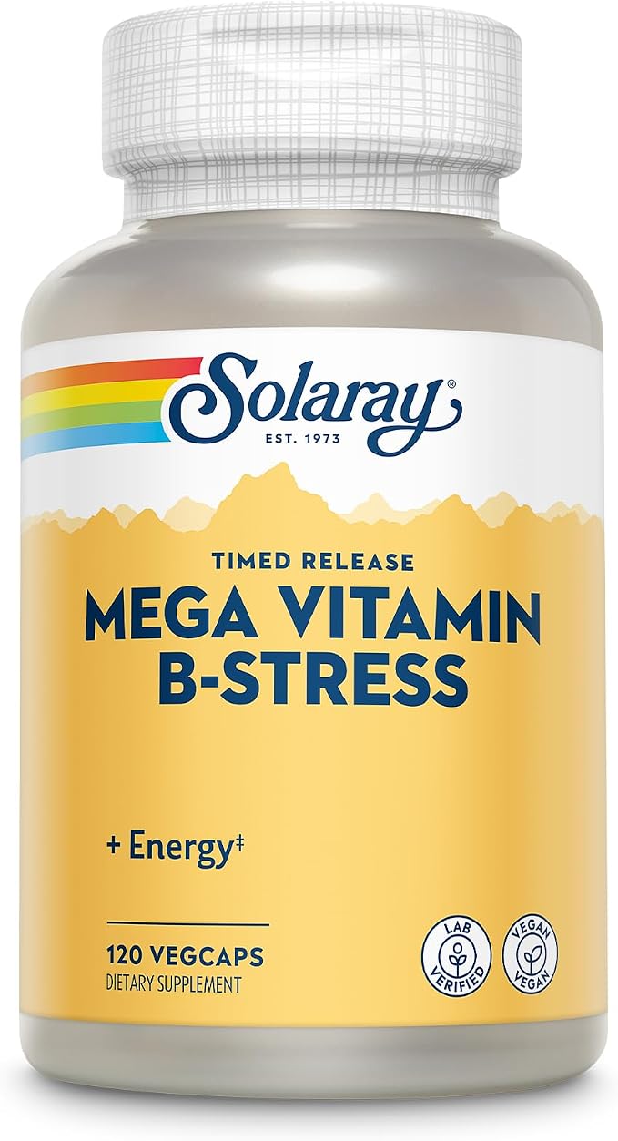 SOLARAY Mega Vitamin B-Stress, Timed-Release Vitamin B Complex with 1000 mg of Vitamin C for Stress, Energy, Red Blood Cell & Immune Support, 60 Day Guarantee, Vegan, 40 Servings, 120 VegCaps