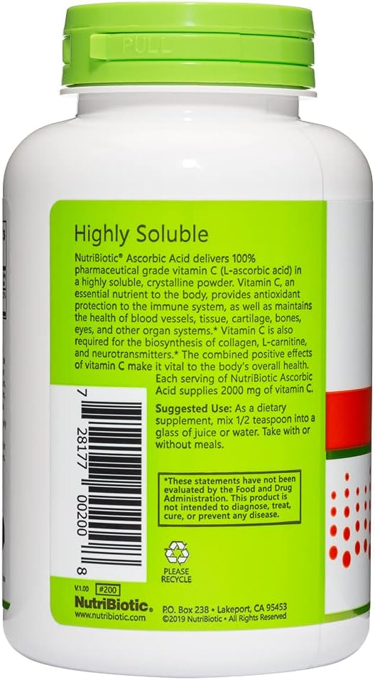 NutriBiotic Ascorbic Acid Vitamin C Powder, 8 Oz | Pharmaceutical Grade L-Ascorbic Acid, 2000 Mg Per Serving | Essential Immune & Antioxidant Collagen Support Supplement | Vegan, Gluten & GMO Free