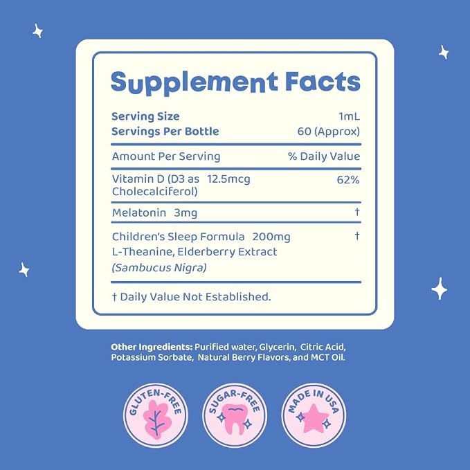 JoySpring Sleepberry Kids Melatonin 3 mg – Liquid Sleep Aid with L Theanine, High Absorption Berry Drops (2 fl oz) 60 Servings, Children's Melatonin with Vitamin D Kids Travel Essentials