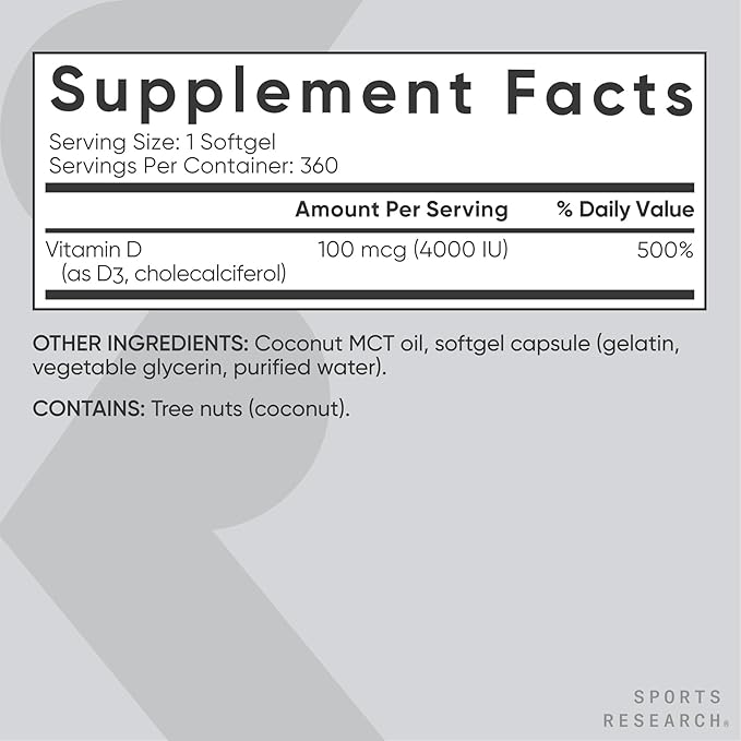 Sports Research® Vitamin D3 4000 IU with Coconut MCT Oil - Double Strength Vitamin D Supplement - Gluten Free · Non-GMO · Soy Free - 360 Count Softgels