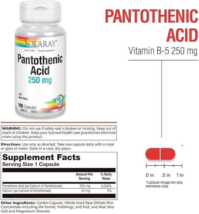SOLARAY Pantothenic Acid 250mg | Vitamin B5 | Energy Metabolism, Hair, Skin, Nails & Digestive Support | 100CT