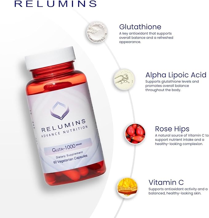 Relumins L-Glutathione Supplement Complex - Spring Glow Essential - World’s Most Advanced Reduced Glutathione 1000mg with Alpha Lipoic Acid for Smoother & Brighter Skin, Made in USA - 60 Caps
