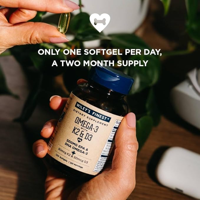 Wiley's Finest Wild Alaskan Fish Oil Vitamin K2 & D3 Softgels - 500mg of EPA and DHA Omega-3s for Bone and Heart Health Support - 120 Softgels (120 Servings)