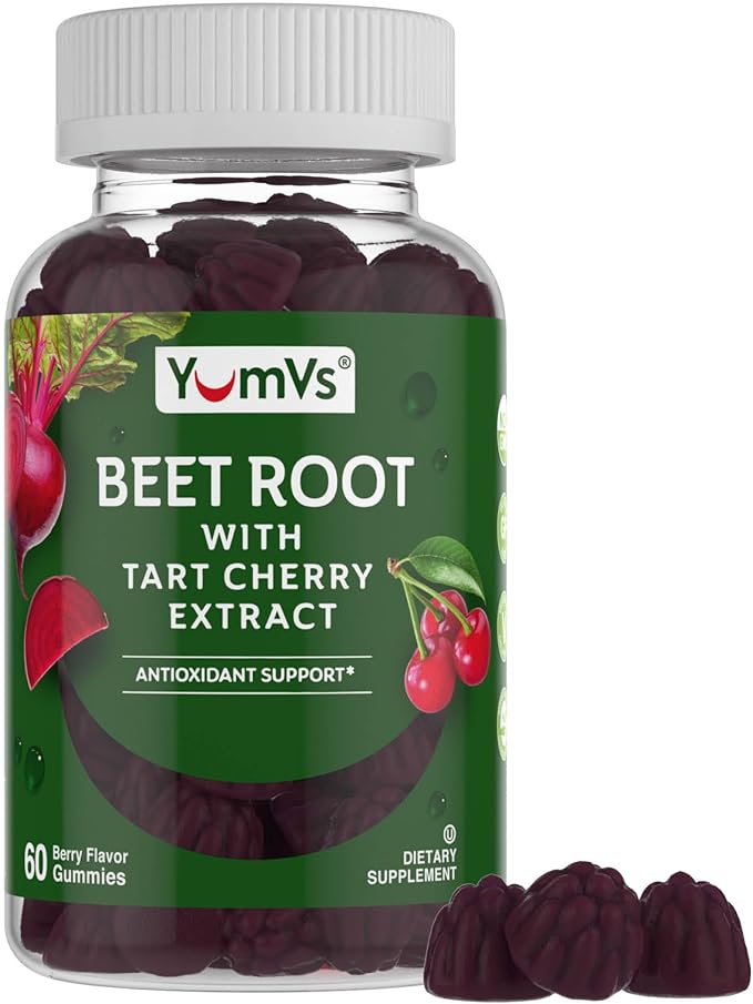 YUM-V'S Beet Root Gummies with Tart Cherry Extract - Berry Flavor Beetroot Gummies - Beet Chews for Blood Circulation and Antioxidant Support - Red Beets Gummies Berry 60 Count (Pack of 2)