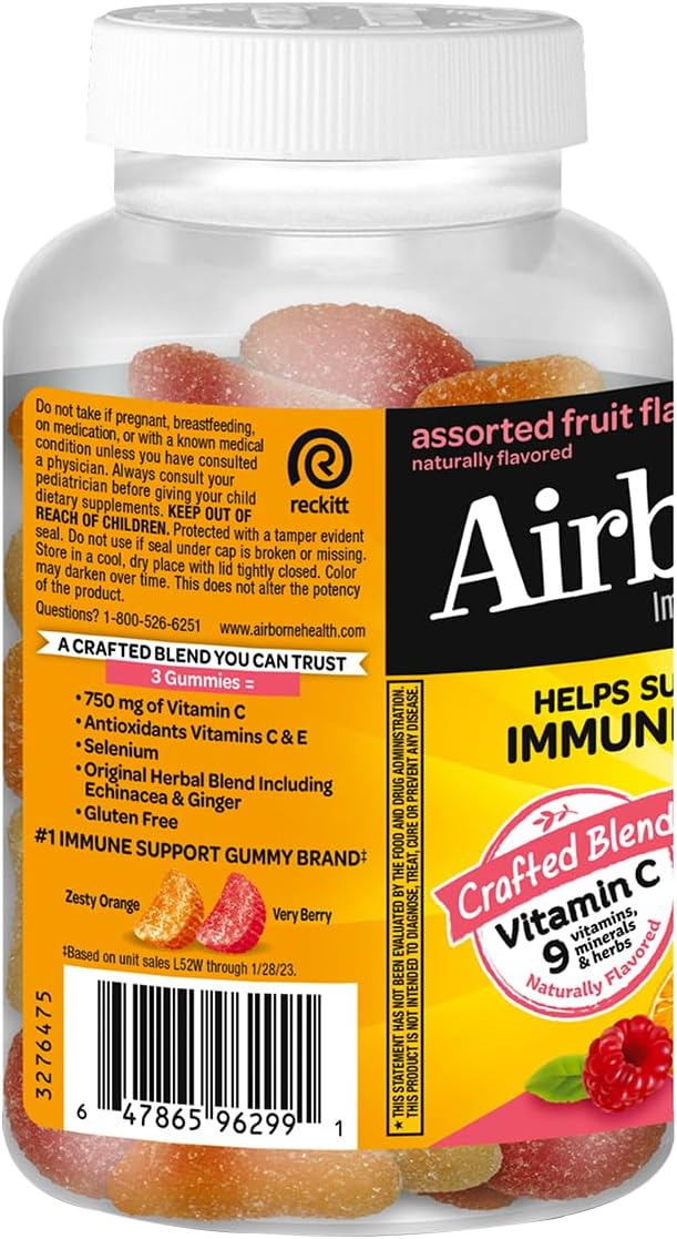 Airborne 750mg Vitamin C Immune Support Supplement Gummies for Adults, Assorted Fruit Flavor, Gluten Free Crafted Blend with Powerful Antioxidants Vitamins A C & E, 63 Gummies (3 Pack)