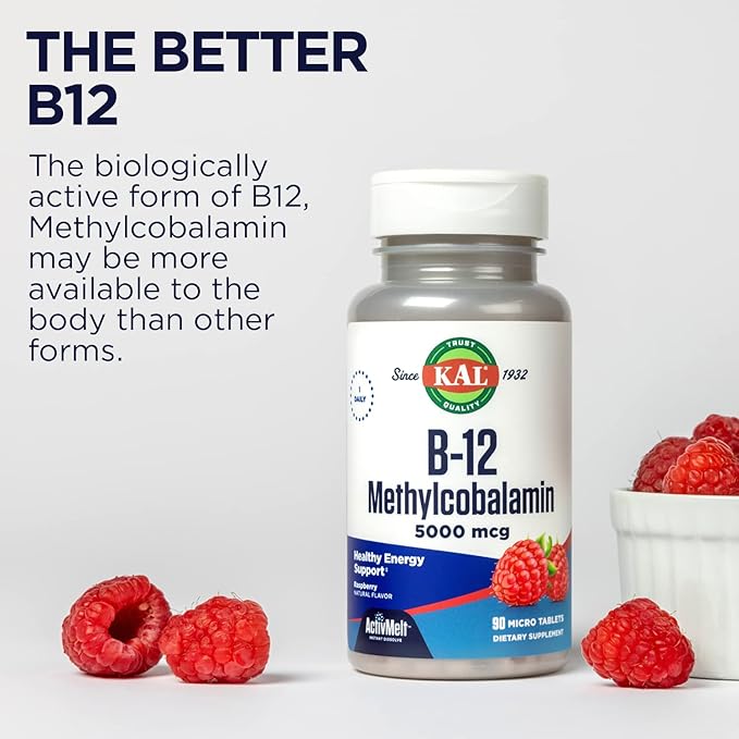 KAL Vitamin B12 Methylcobalamin 5000mcg, Healthy Energy, Metabolism, Nerve & Red Blood Cell Support,* Fast Dissolve ActivMelts, Optimal Absorption, Natural Raspberry Flavor, 90 Servings, 90 Micro Tabs