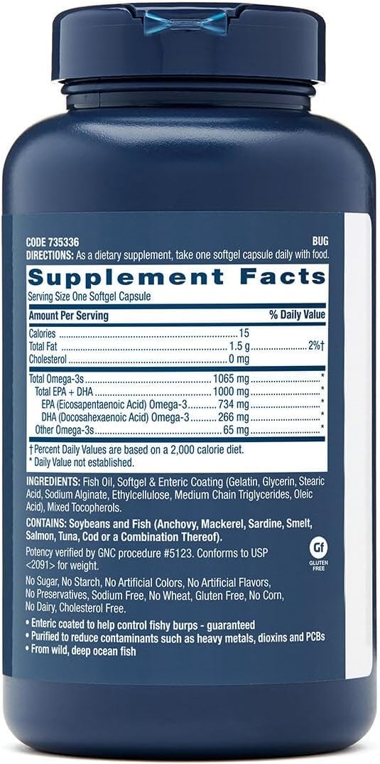 GNC Triple Strength Fish Oil Omega 3 Supplement, 1000mg EPA and DHA, Supports Heart, Brain, Skin, Eye and Joint Health, Burpless, Ultra Concentrated, High Potency, Wild Caught, 120 Softgels