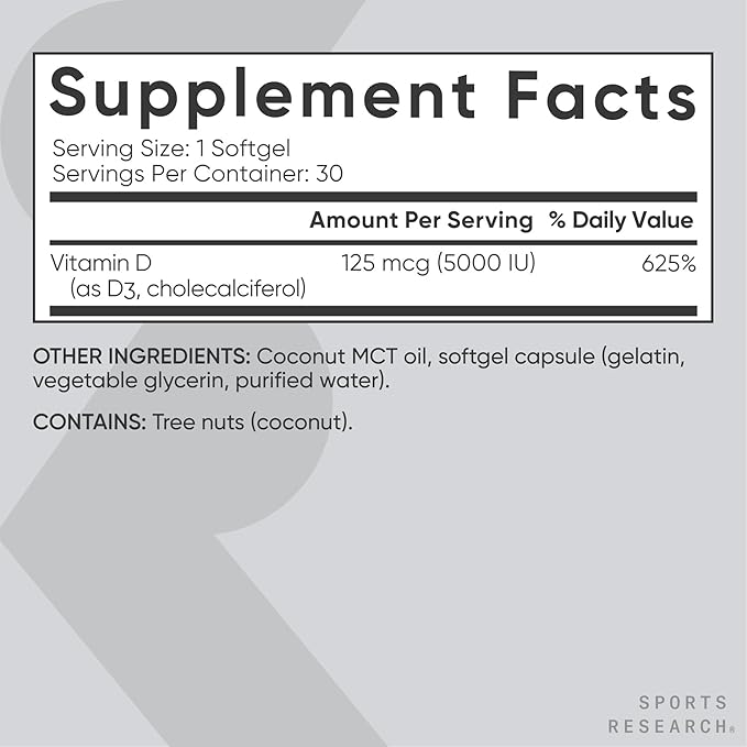 Sports Research Vitamin D3 5000 IU with Coconut MCT Oil - Extra Strength Vitamin D Supplement - Non-GMO Verified, Gluten & Soy Free – 125mcg, 30 Liquid Softgels (Pack of 2)