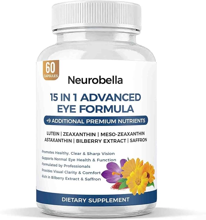 Neurobella Eye Formula - Neurobella 15 in 1 Advanced Eye Formula with All 3 Carotenoids, Lutein & Zeaxanthin, Bilberry Extract and Saffron, 60 Capsules