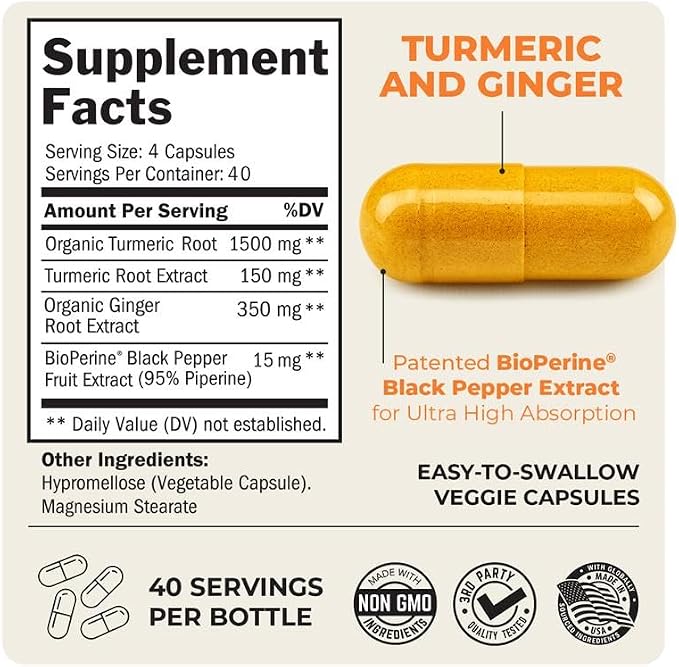 Turmeric and Ginger Supplement with BioPerine - Turmeric Curcumin with Black Pepper & Organic Ginger for Enhanced Absorption for Digestion Knee & Joint Support - Vegan & Non-GMO (40 Servings)