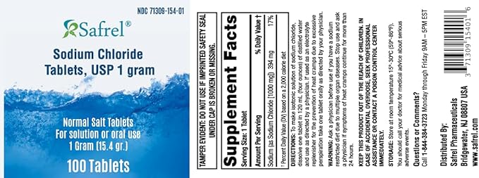 Safrel Sodium Chloride Tablets 1 gm, USP | Normal Salt Tablets | (15.4gr.) | Electrolytes Replenisher Hydration Drink (100 Count (Pack of 1), 100, Count)