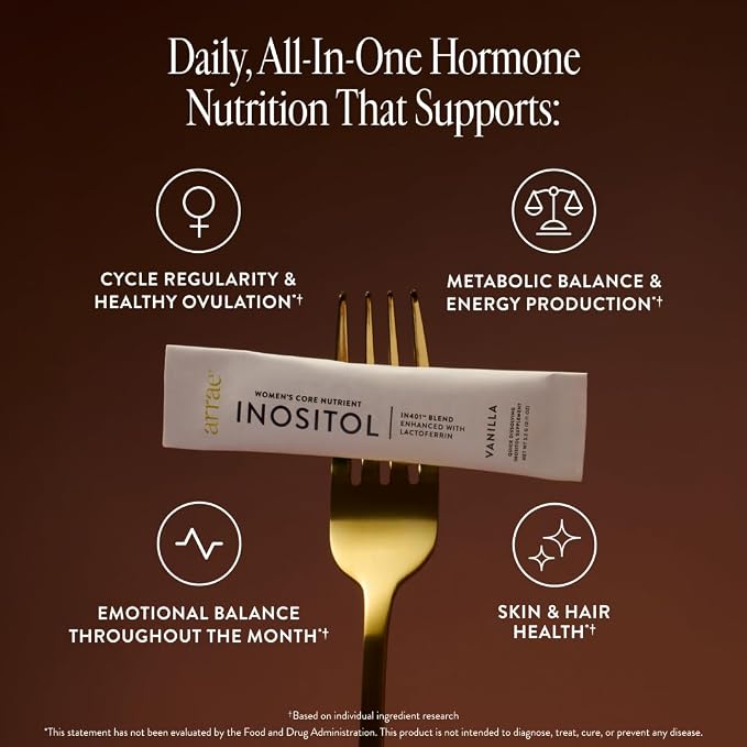 Arrae Inositol Supplement for Women - Supports Healthy Hormonal Balance, Regular Cycles, & Ovarian Health - 40:1 Myo & D-Chiro Raton with Lactoferrin & Folate - Vanilla Flavor - 30 Pack