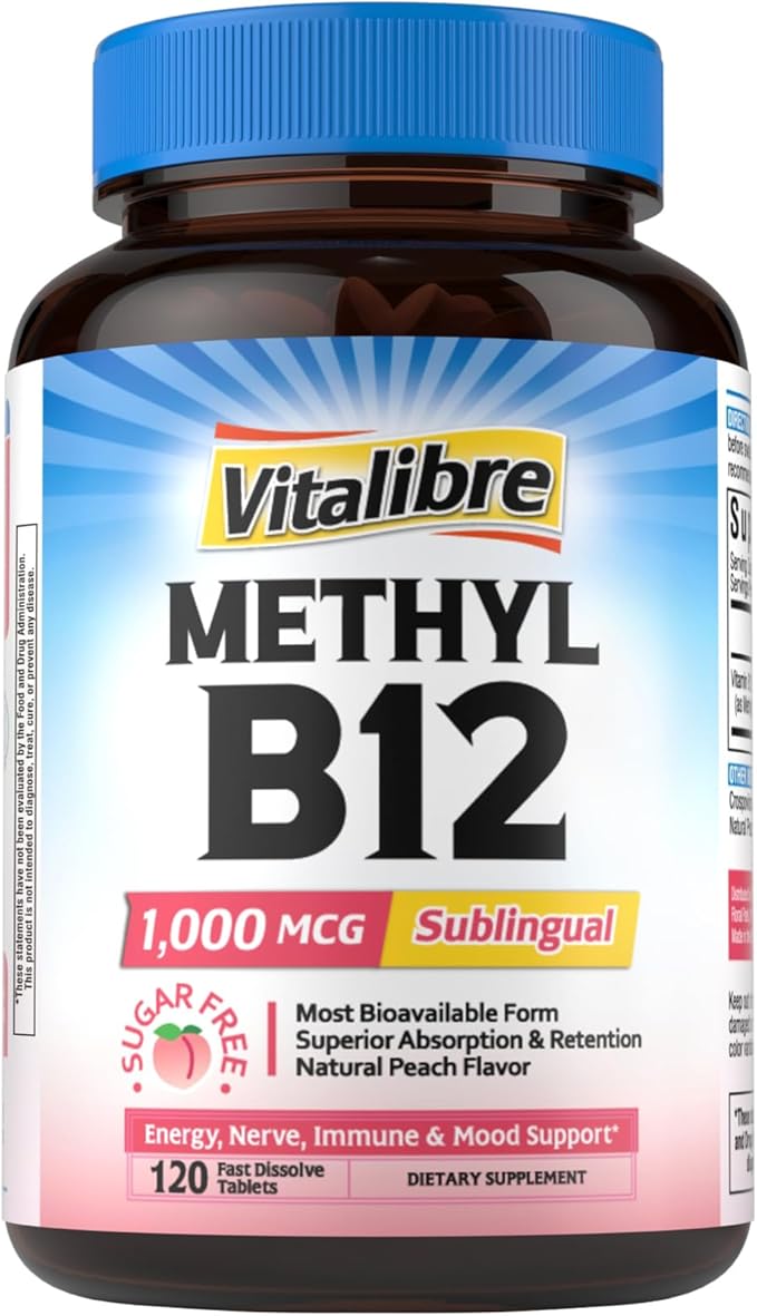 Vitamin B12 1000 mcg, Sublingual Methylcobalamin, Natural Peach Flavor, Nervous System Health, Energy Support, No Sugar, 120 Fast Dissolve Tablets